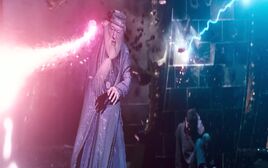 Dumbledore fighting Voldemort in the Duel in the Ministry Atrium