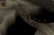 Chicken carried across bridge