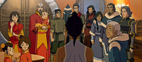 Pema, Rohan, Ikki, Jinora, Bolin, Korra, Mako, Asami, Tonraq, Senna, Katara y Lin en el Polo sur